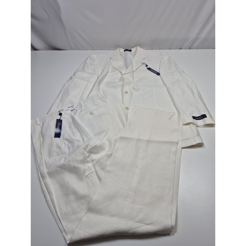 VTG Haspel Suit Mens 48 White 100% Linen 2 Piece 42x36 Summer Wedding Formal NWT